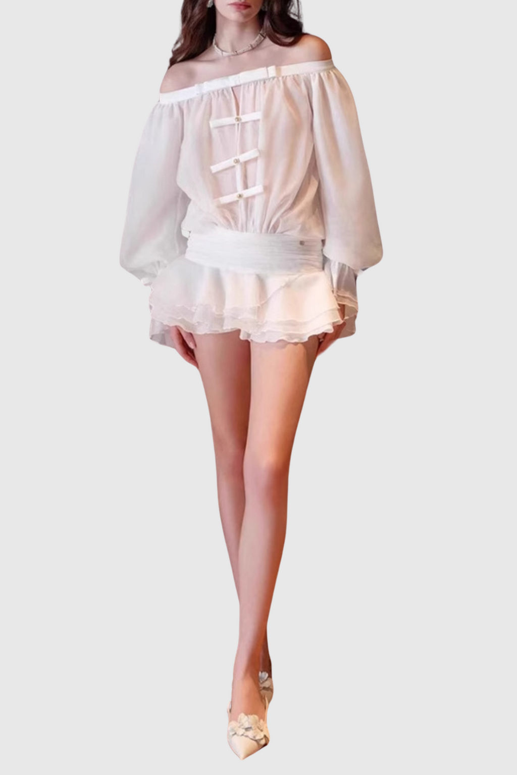 Raylene Off Shoulder Bow Ruffle Mini Dress - White