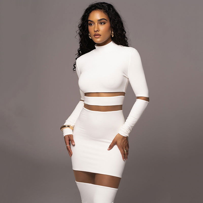 Round Neck Long Sleeved Design Stitching See through Maxi Dress Autumn