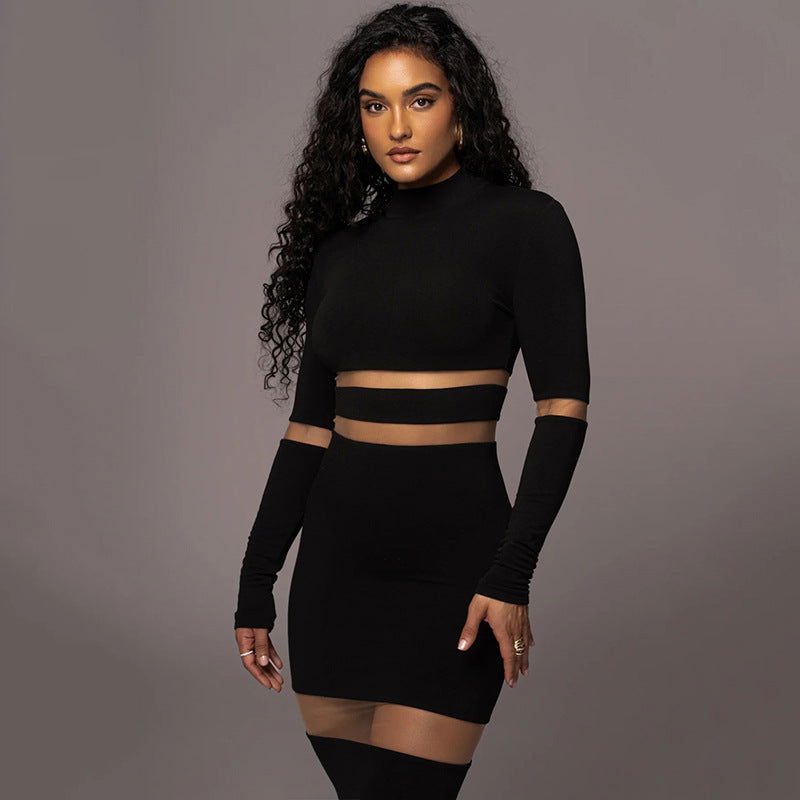 Round Neck Long Sleeved Design Stitching See through Maxi Dress Autumn