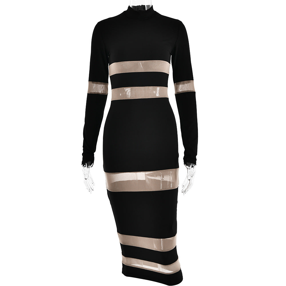 Round Neck Long Sleeved Design Stitching See through Maxi Dress Autumn