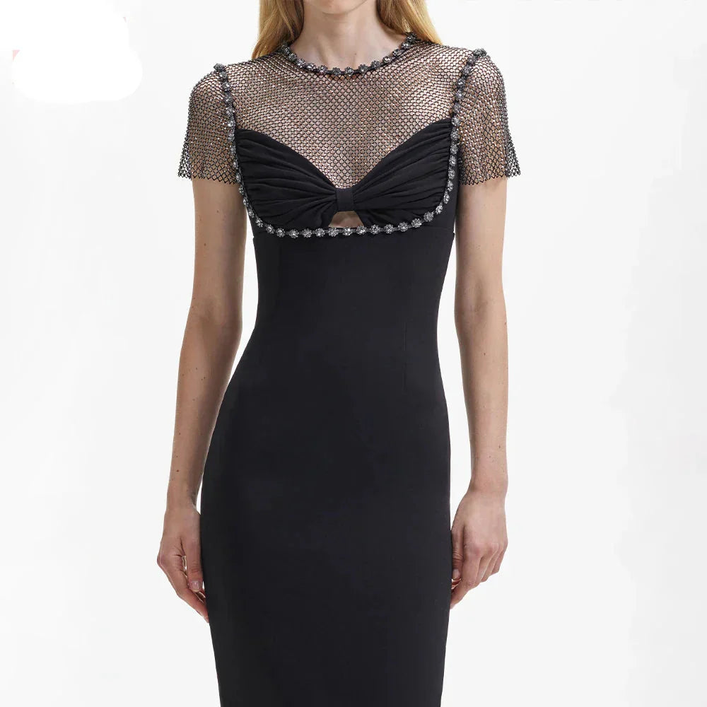 Black Diamante Evening Midi Dress