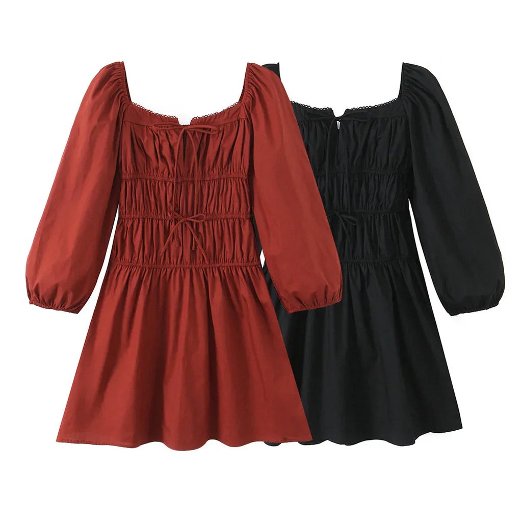 Bow Square Collar Puff Long Sleeve Elastic Waist Mini Dress