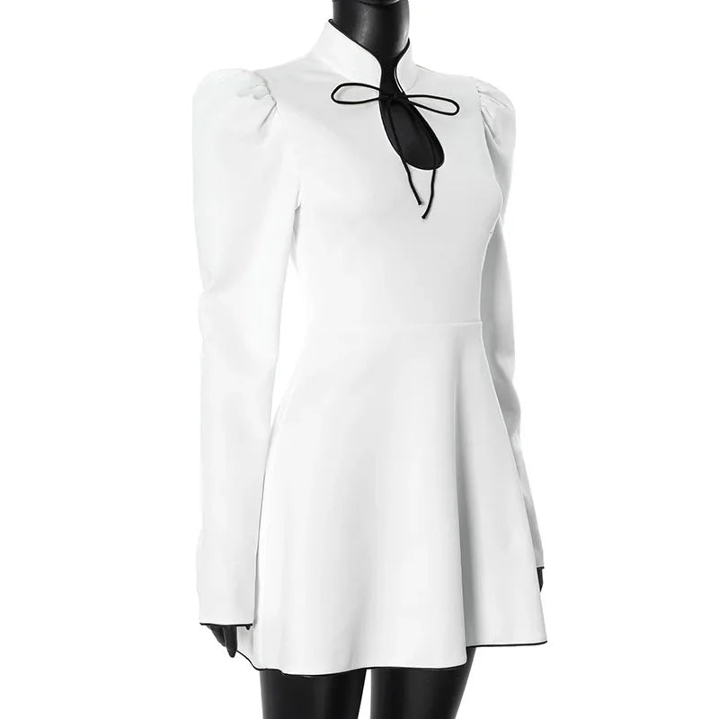 Women's Lace-Up White V-Neck A-Line Short Dress