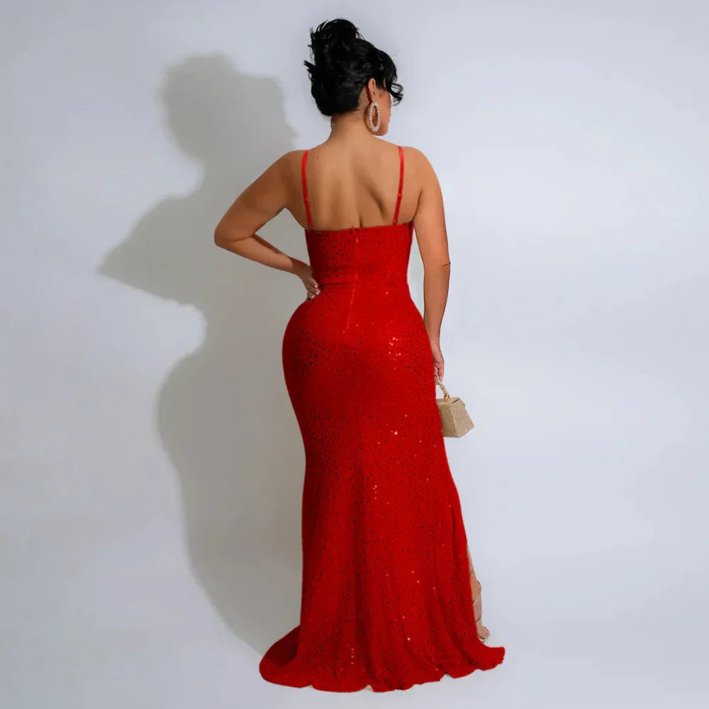 Sequined High Side Split Mermaid Maxi Dress
