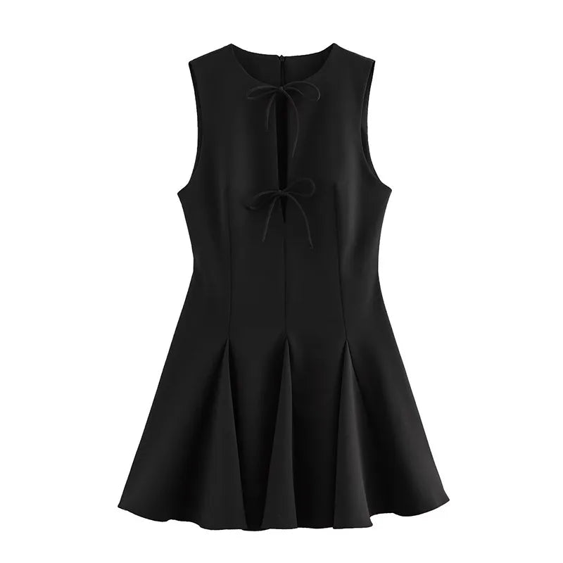 Hollow Out Bow Sleeveless Pleated Short Dress