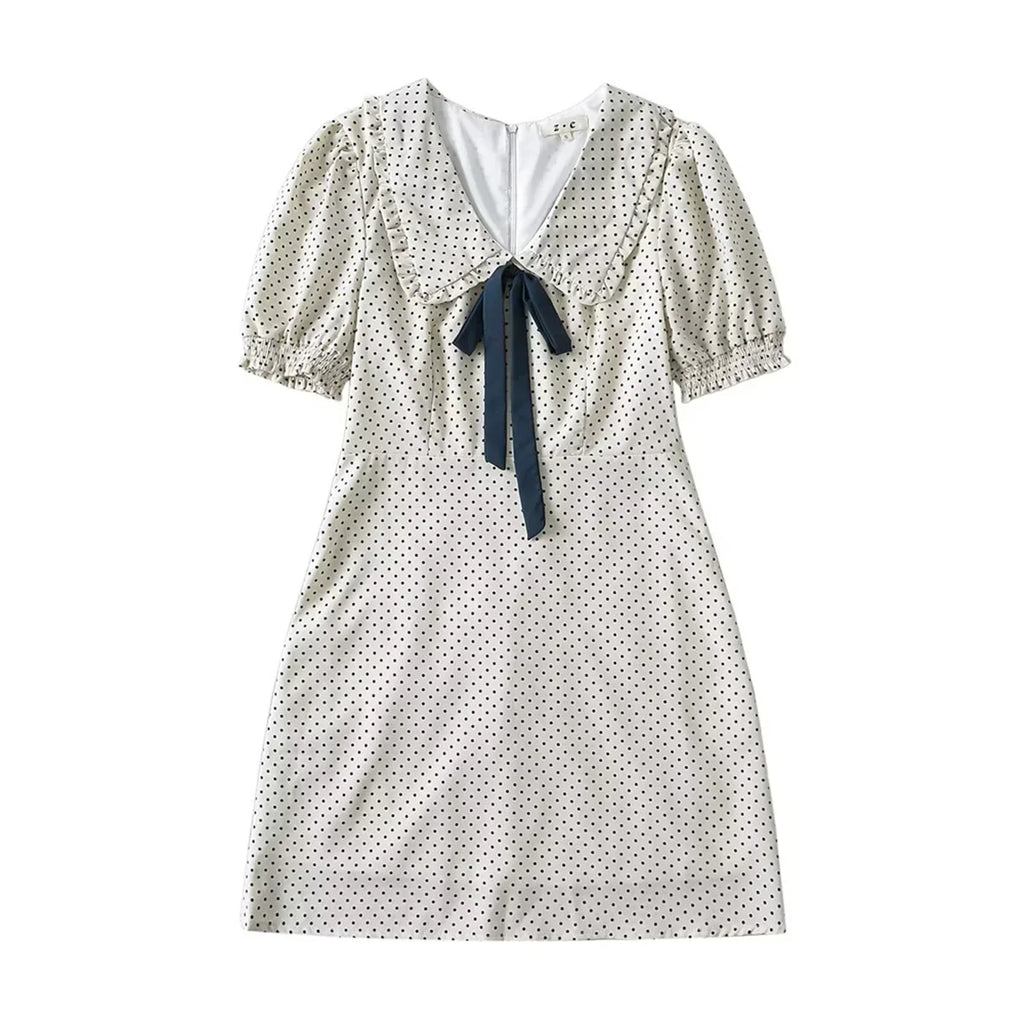 Short Puff Sleeve Bow Detail Dots Print Mini Dress