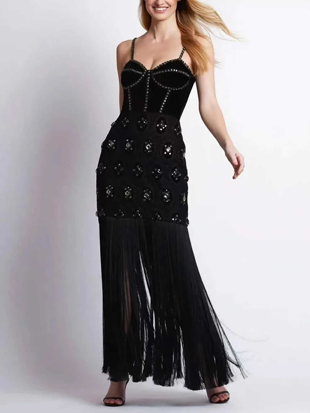 Diamond Tassel Spaghetti Strap Backless Mini Dress