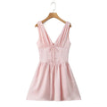 Stain Pleated Ruched Strap Bow Folds Hem Mini Dress