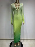 Green Gradient Midi Dress Shimmering Rhinestones & Bold Style