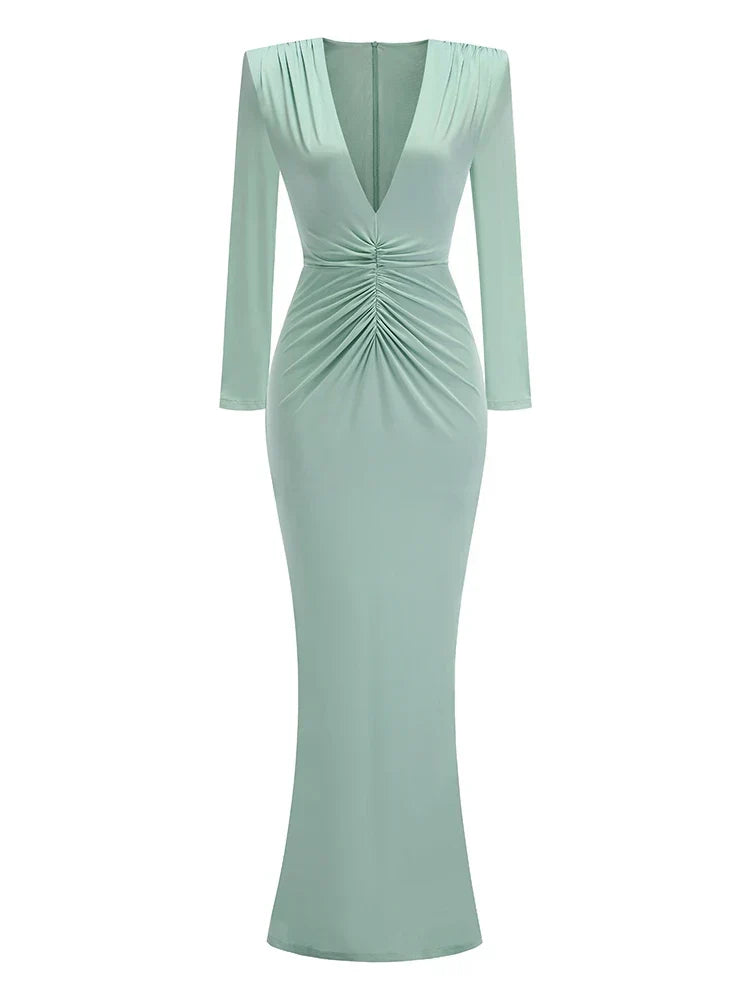 Folds Design Long Sleeve Pleated Maxi Dress