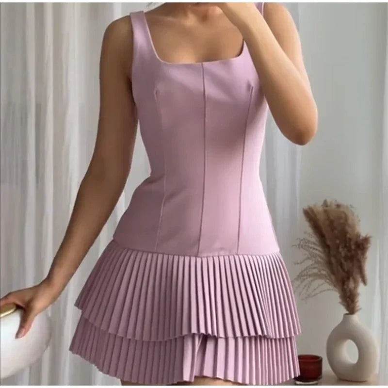 Square Collar Sleeveless Pleated Short Dress