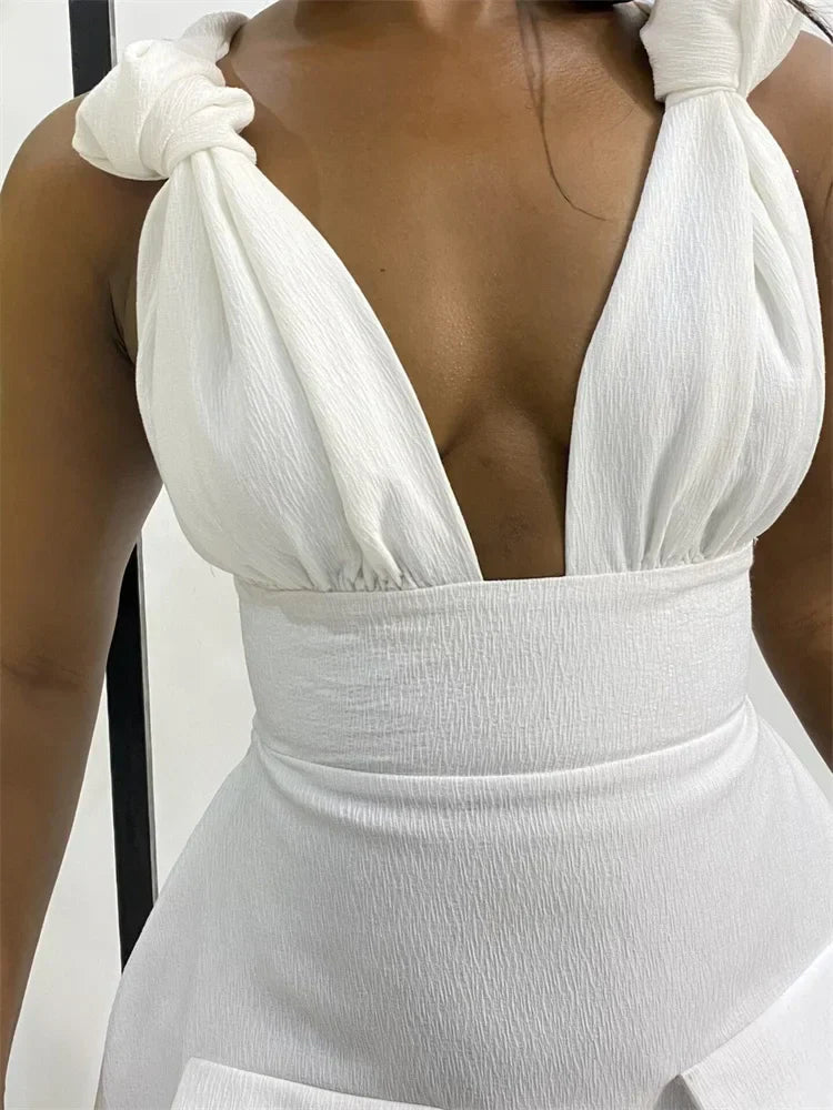 Women V Neck Solid Sleeveless Knot Mini Dress
