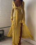 Summer Slim-Fit See-Through V-Neck Long Sleeve Dress