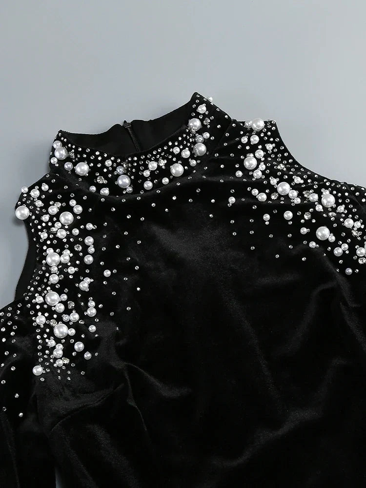 Long Sleeve Black Velvet Pearl Maxi Dress