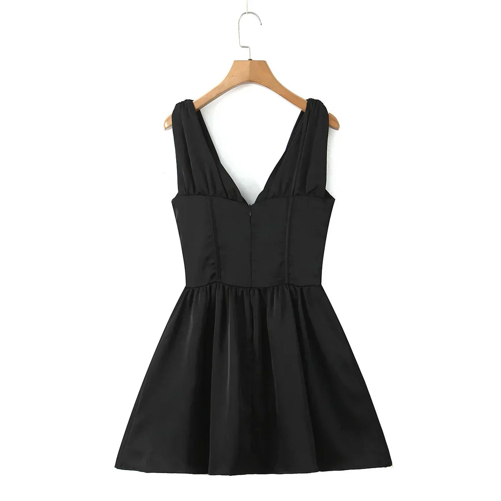 Stain Pleated Ruched Strap Bow Folds Hem Mini Dress