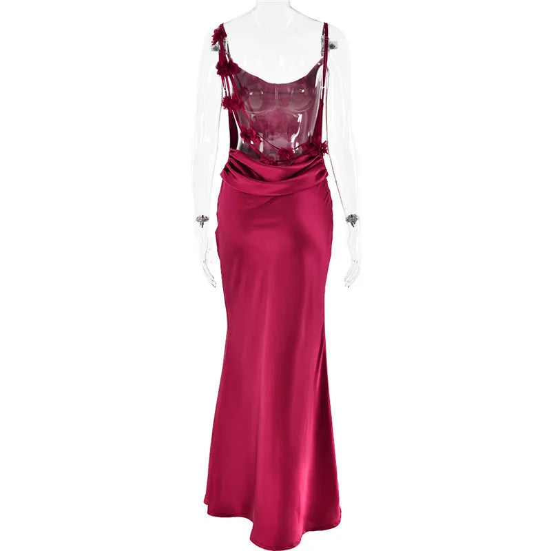 3D Flower Draped Open Back Maxi Dress