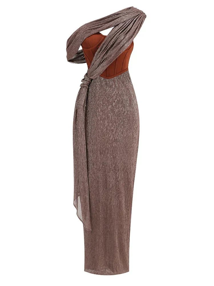 One Shoulder Draped Glitter Brown Maxi Dress