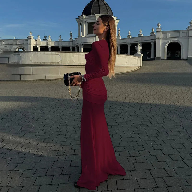 Ruched Flower Long Sleeve Solid Maxi Dress
