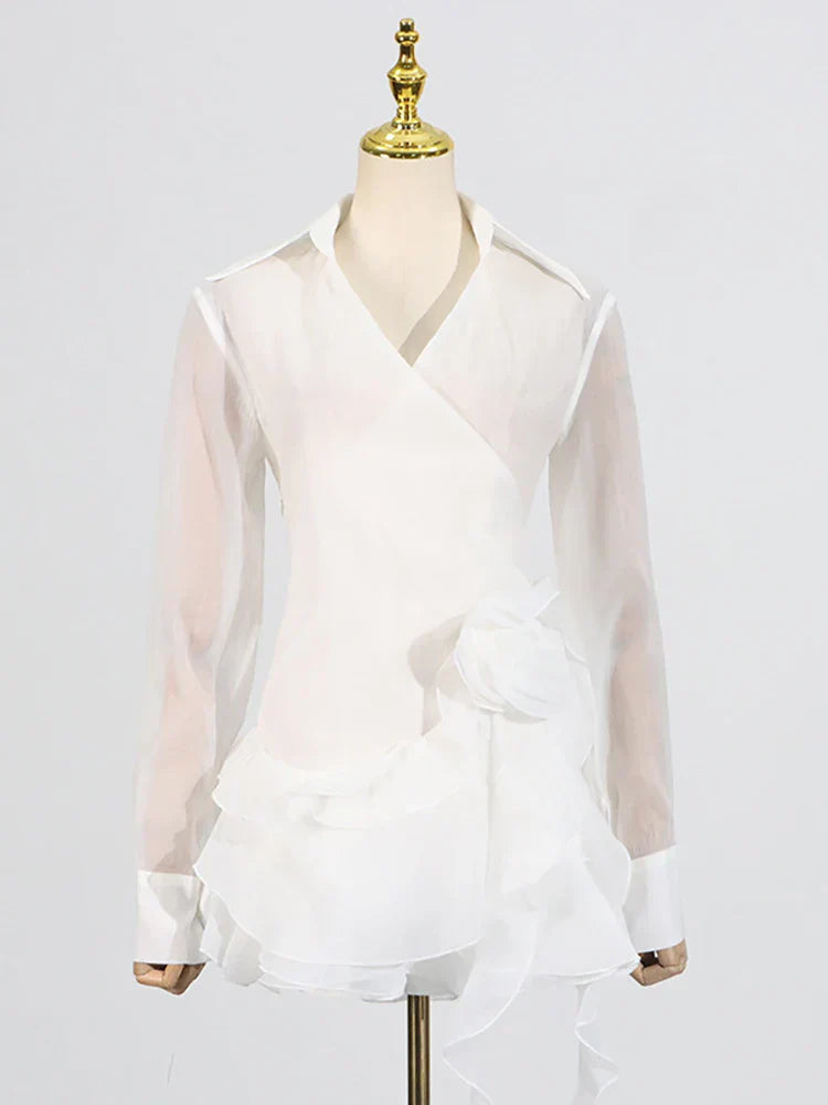 Appliques Ruffles Draped Long Sleeve Dress