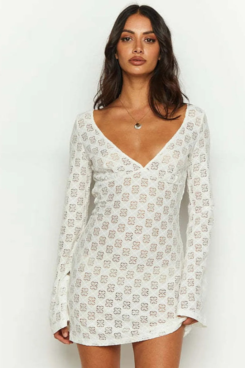 White Printed Low-cut Back  Mini Dress