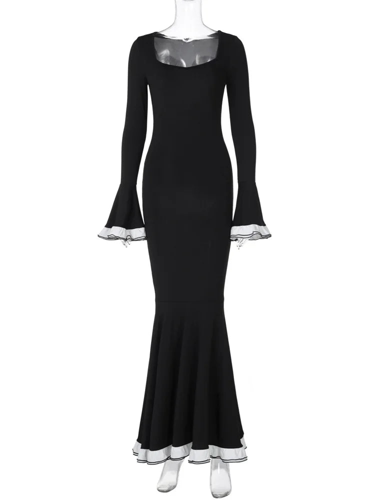Ruffled Square Collar Patchwork Maxi Dress