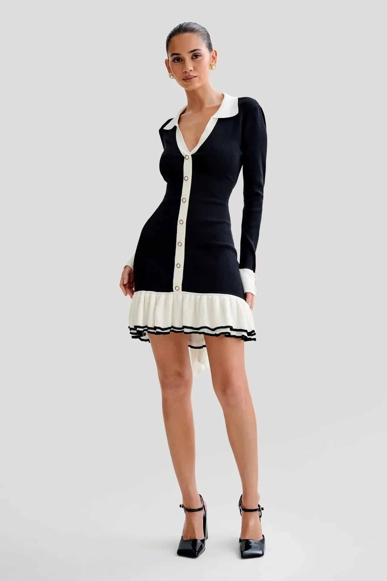 Ruffled Contrast Bow Open Back Lace-Up Knit Mini Dress