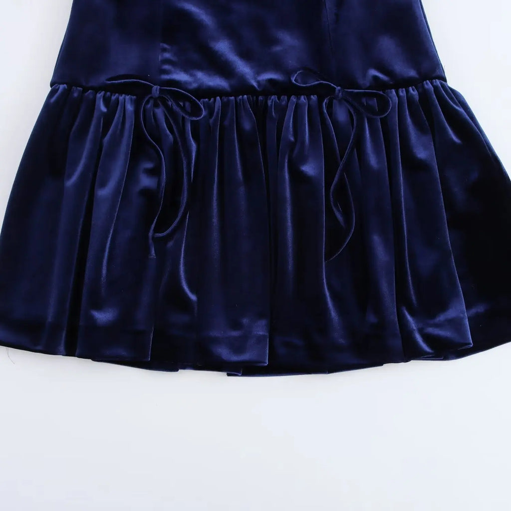 Round Neck Bow Velvet Blue Dress