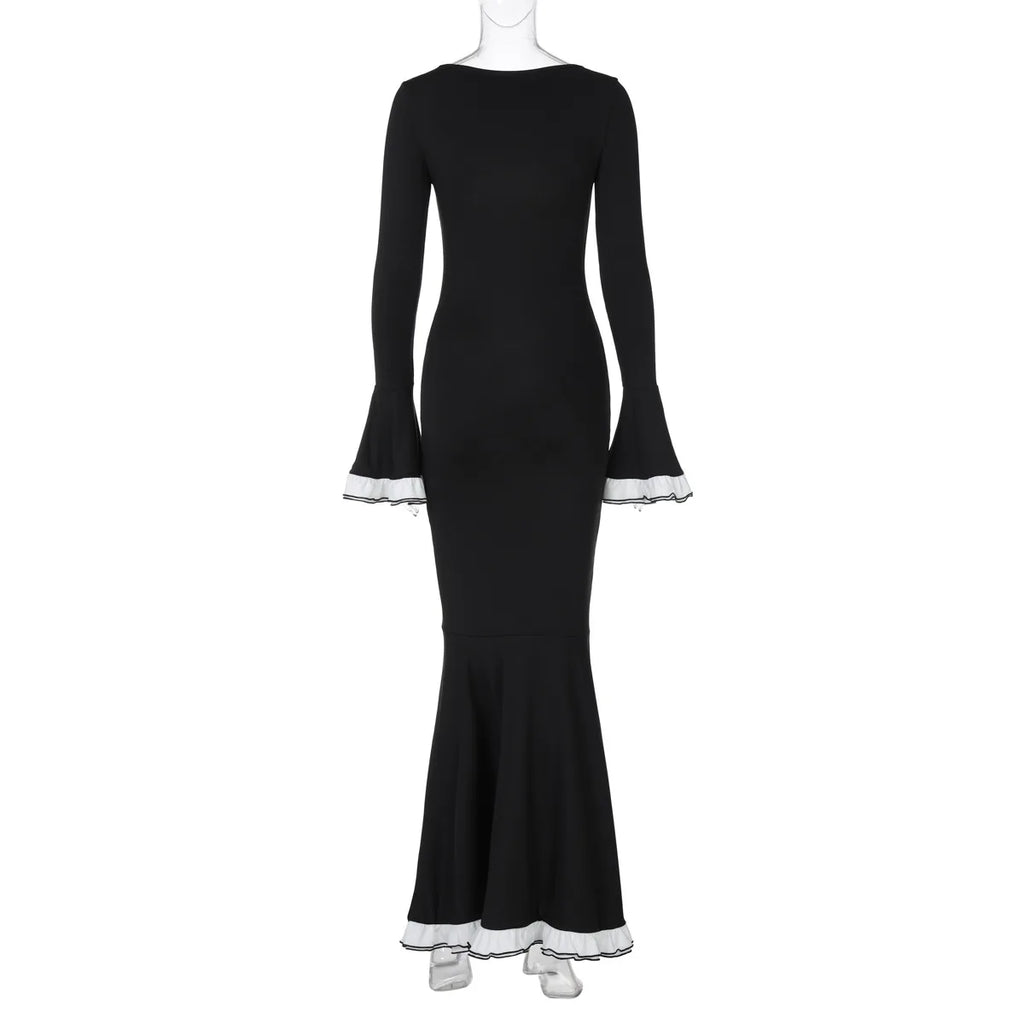 Ruffled Square Collar Patchwork Maxi Dress