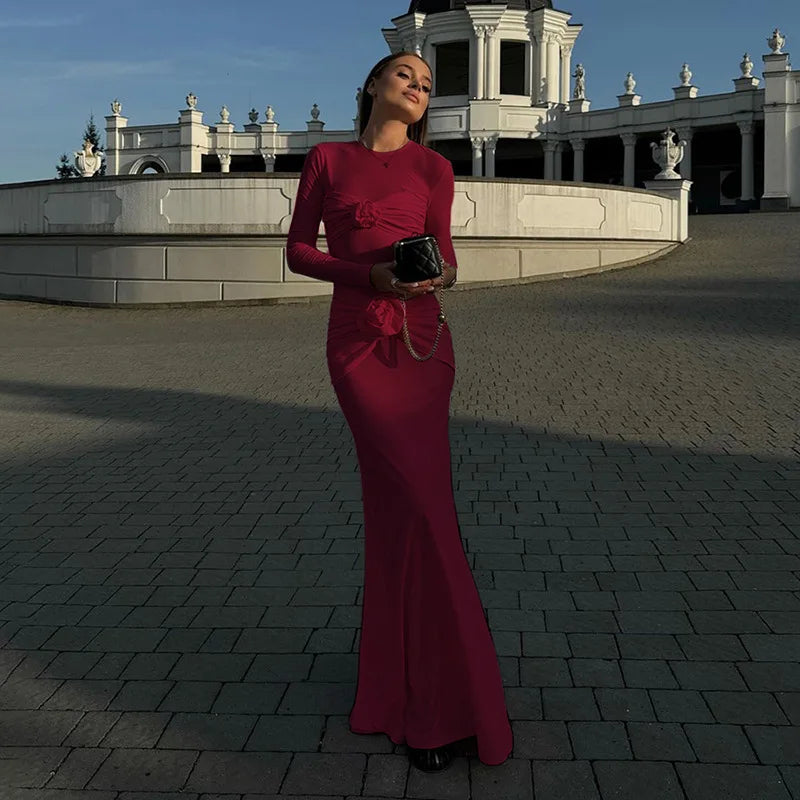 Ruched Flower Long Sleeve Solid Maxi Dress