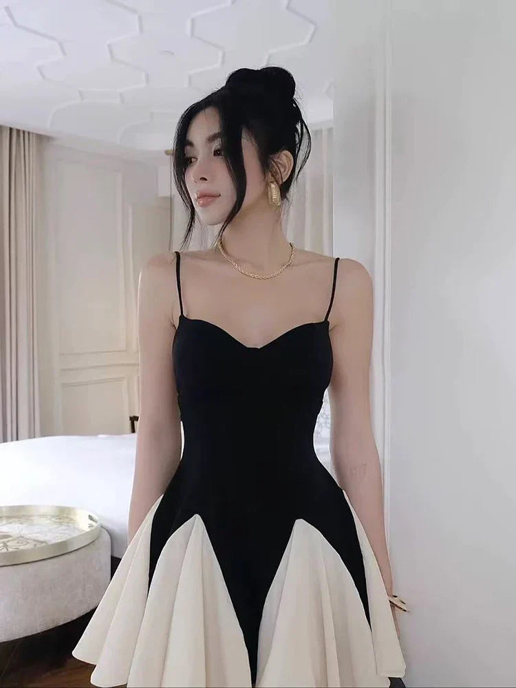 Spaghetti Strap Patchwork Contrast Color Mini Dress