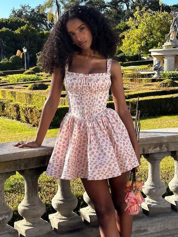 Flower Printed Open Back A-line Corset Mini Dress