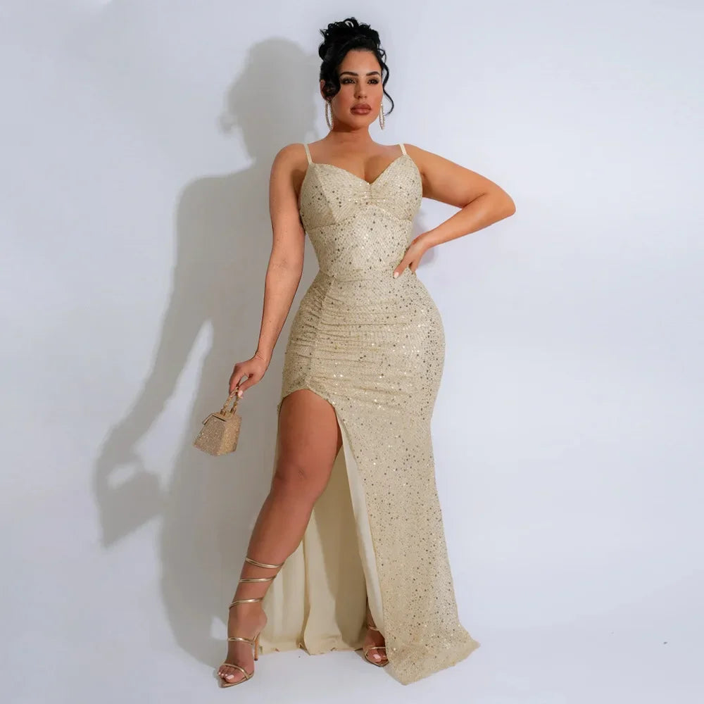 Sequined High Side Split Mermaid Maxi Dress