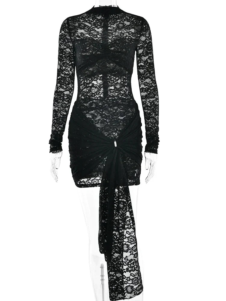Lace Black Long Sleeve Print Floral Dress