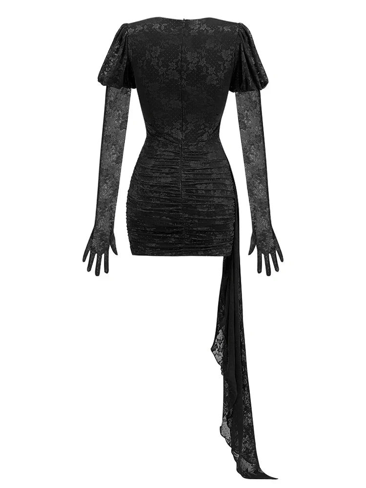 Gloves Long Sleeves Lace Floral Dress