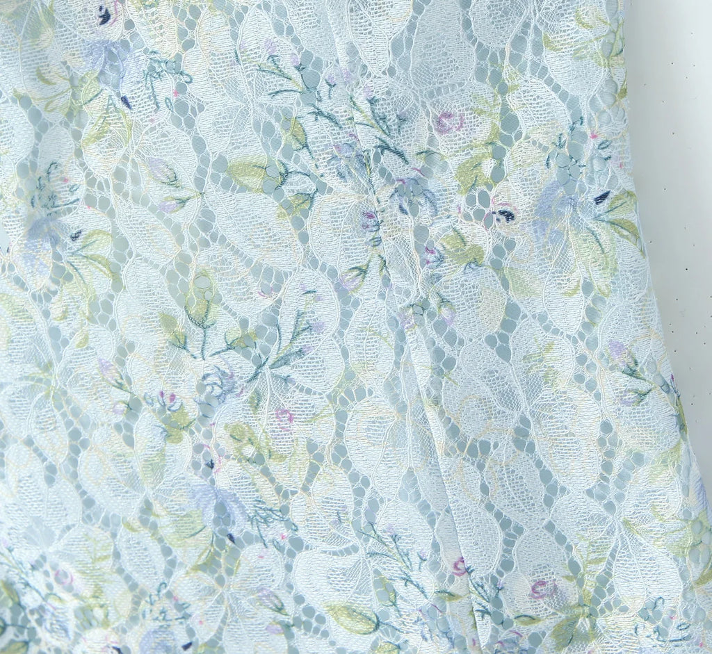 Flower Print Lace Bow Slash Collar Mini Dress