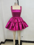 Sling Square Neck Ball Gown Fuchsia Mini Dress