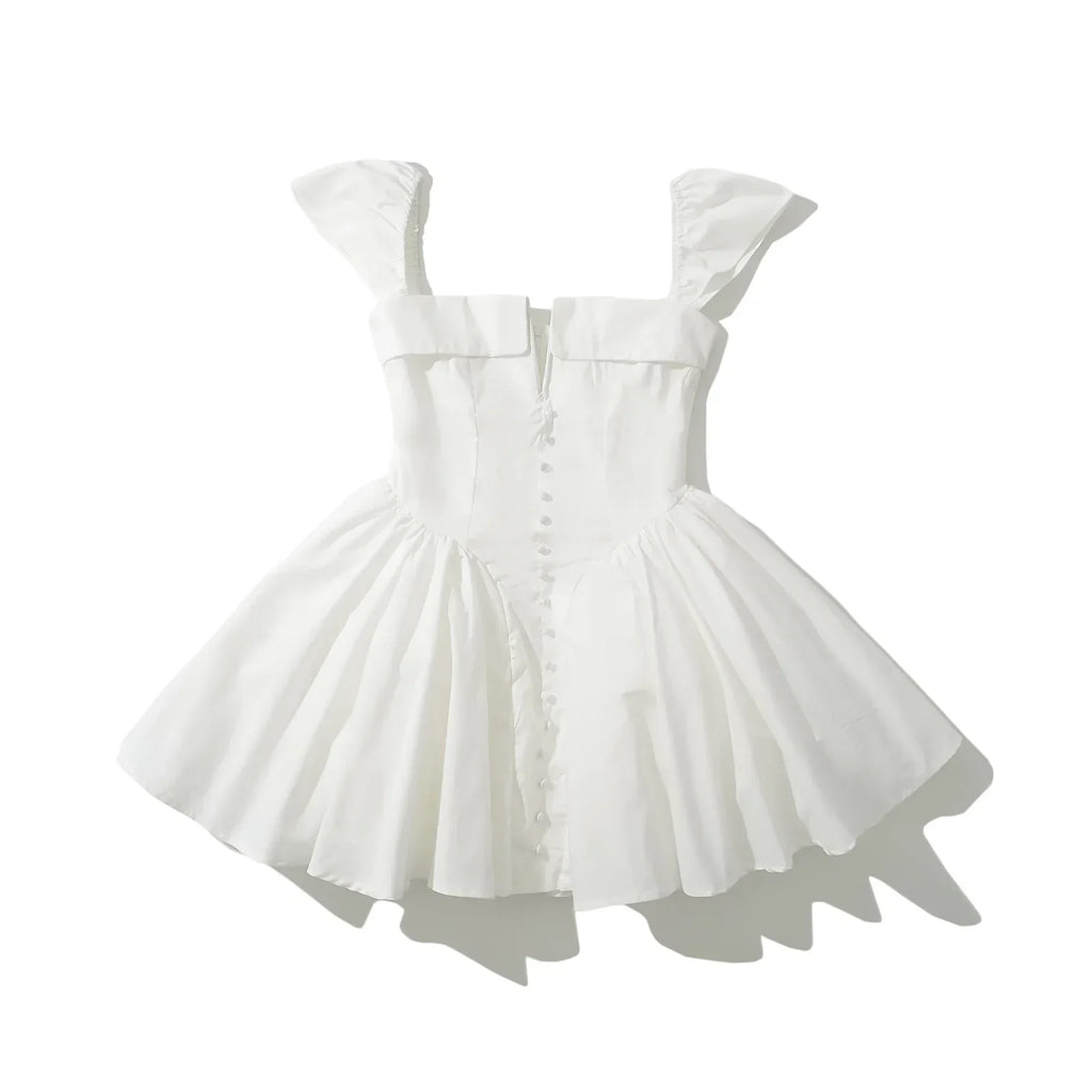 White Slit V Collar Short Sleeve Corset Style Mini Dress