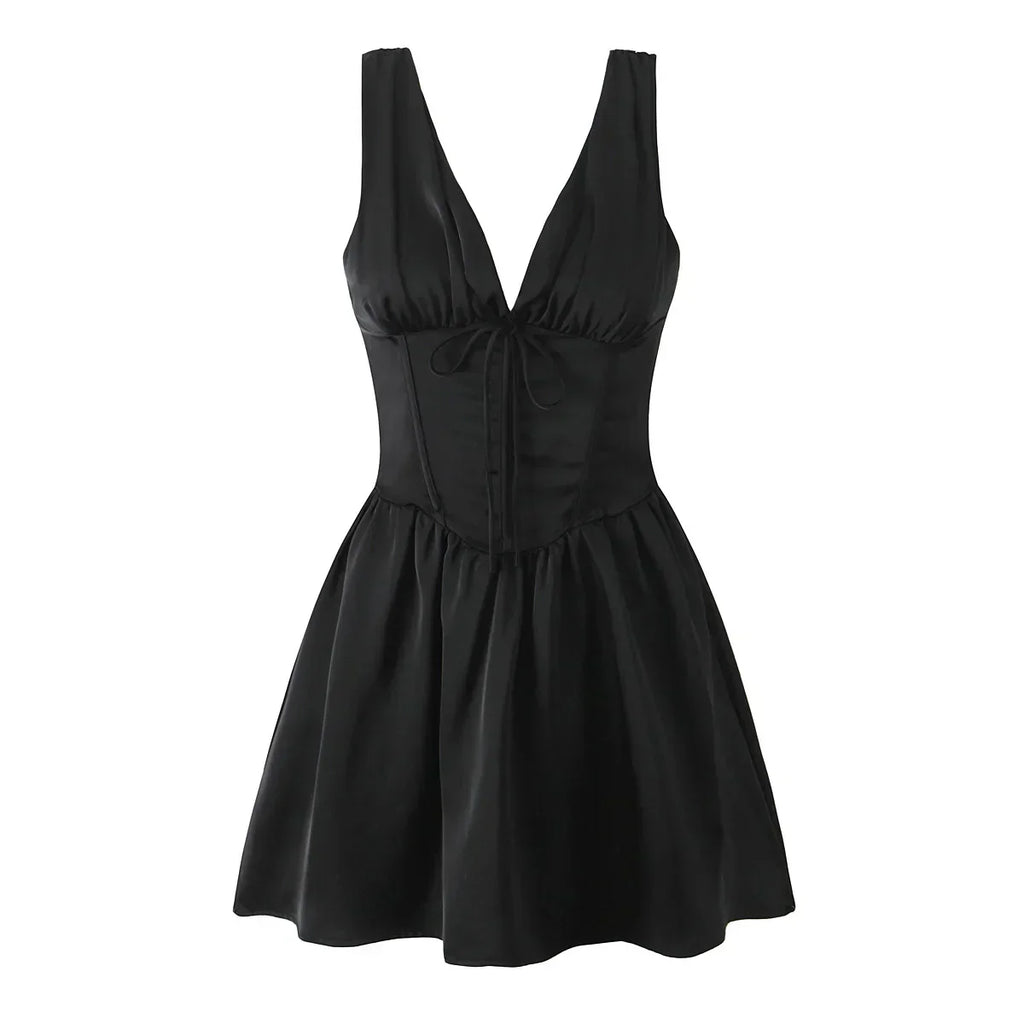 Stain Pleated Ruched Strap Bow Folds Hem Mini Dress