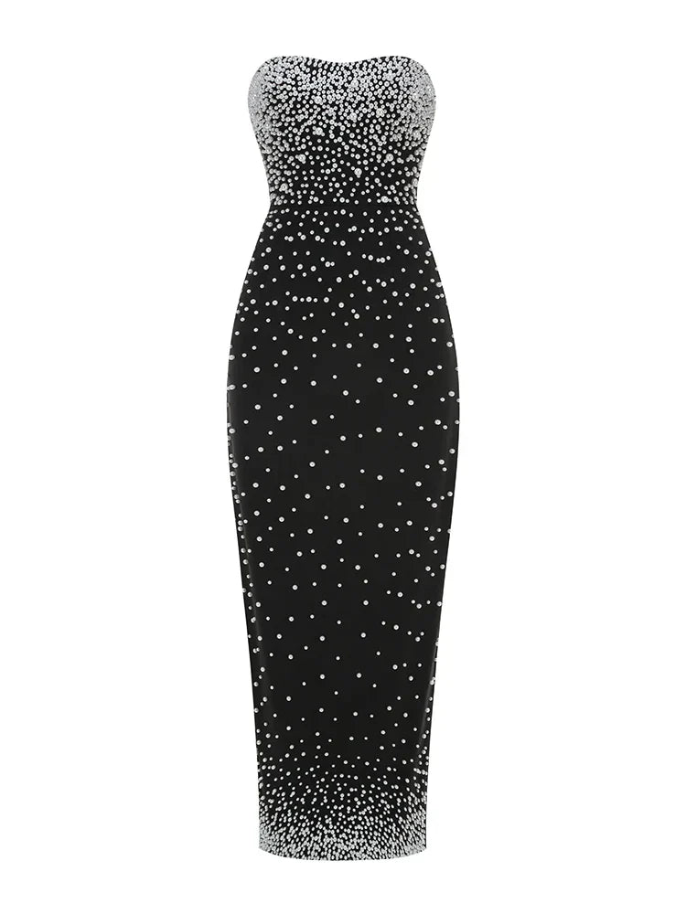 Black Strapless Pearls Beaded Embellished Maxi Dress