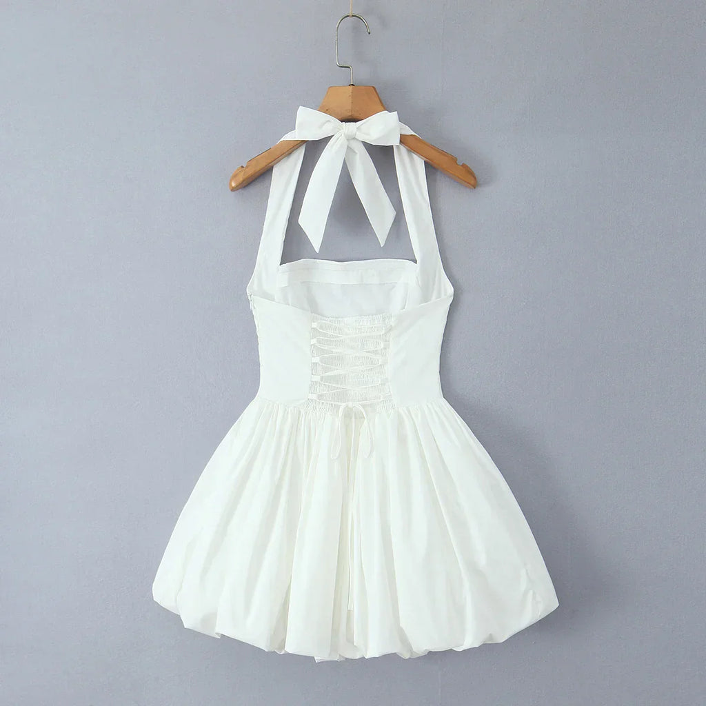 Bow Halter Slash Collar Lacing-Up Back Mini Dress