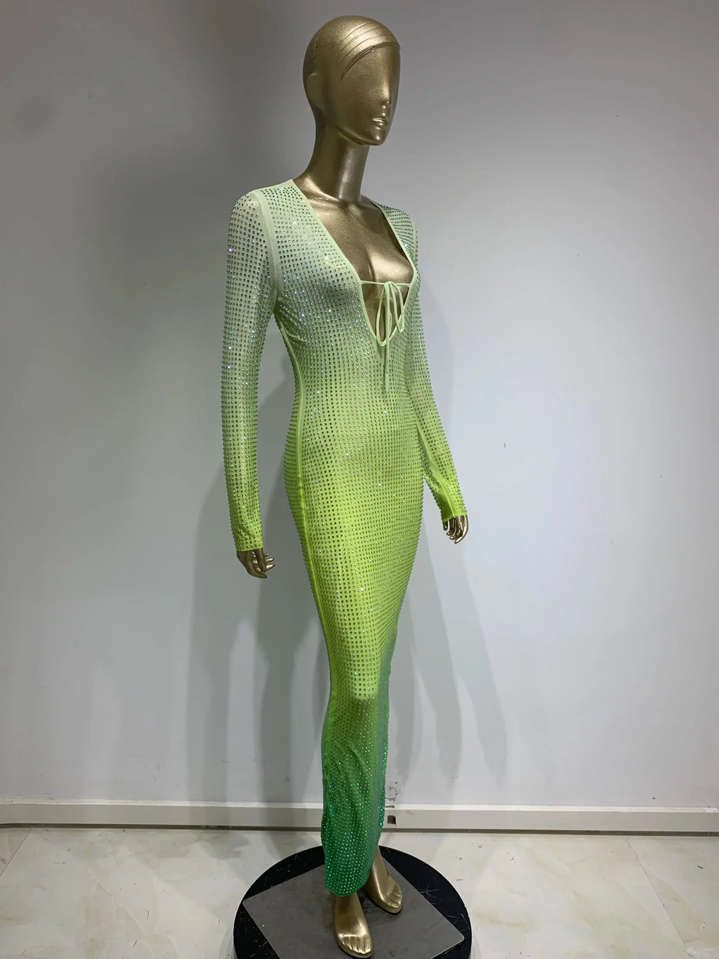 Green Gradient Midi Dress Shimmering Rhinestones & Bold Style