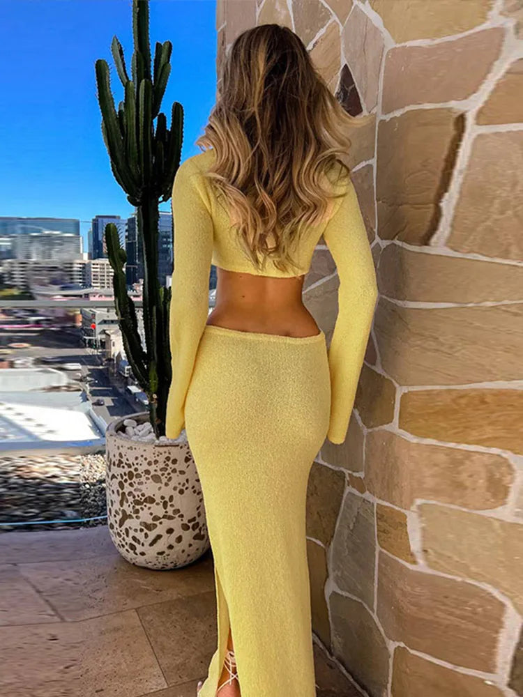 Knitted Hollow Out Solid O-neck Slit Maxi Dress
