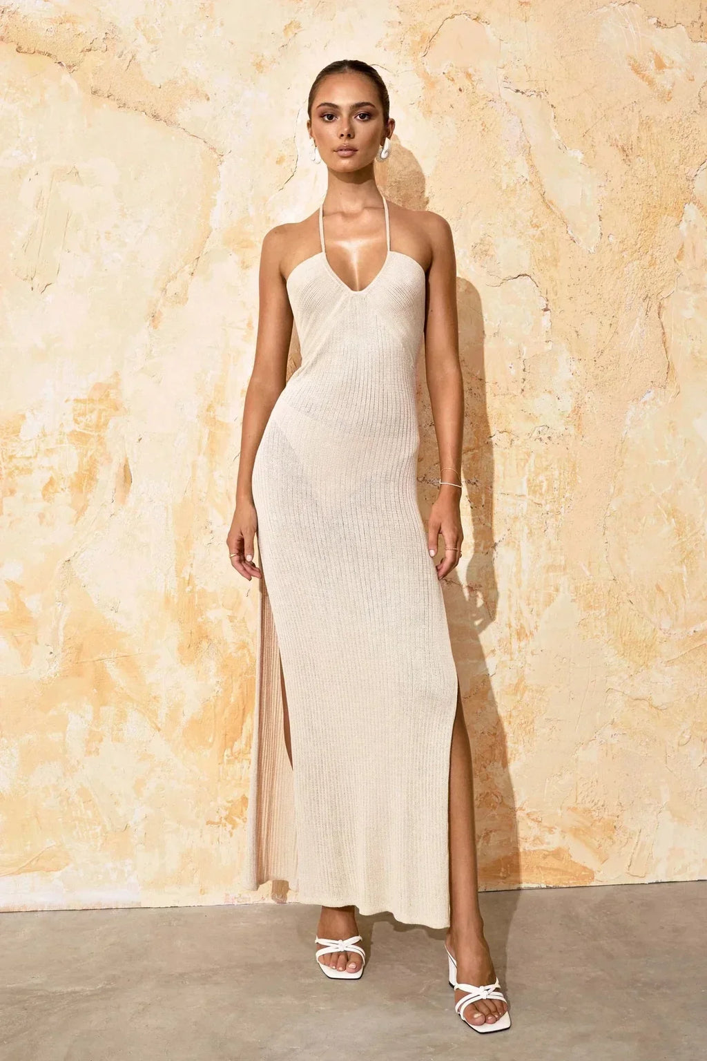 Solid Backless Halter Knit Slit Maxi Dress