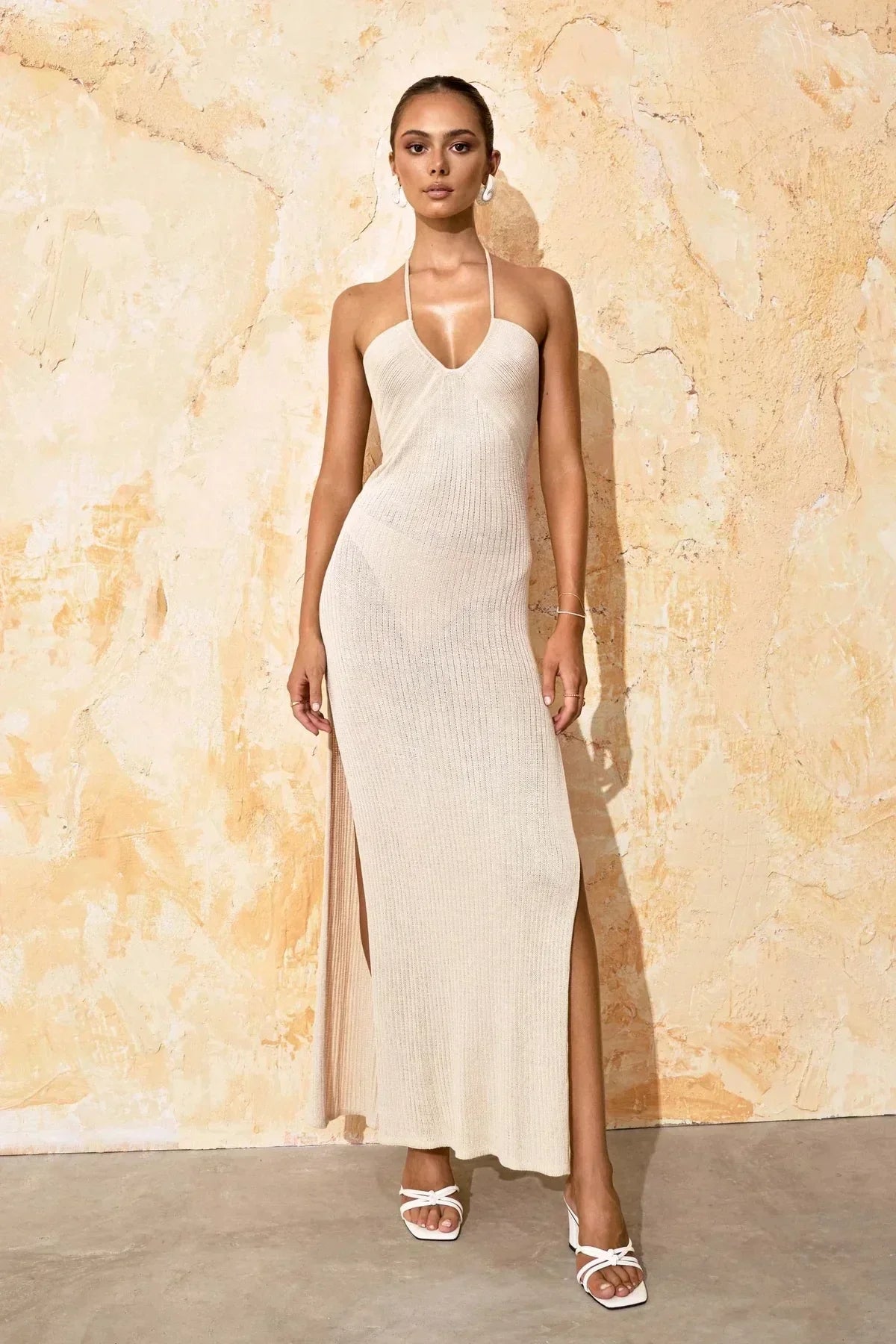 Solid Backless Halter Knit Slit Maxi Dress