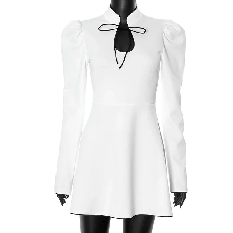 Women's Lace-Up White V-Neck A-Line Short Dress