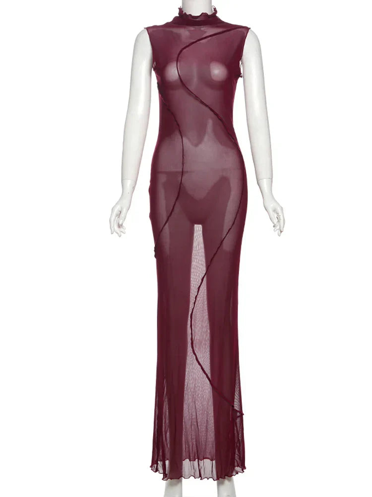 Mesh Sheer Sleeveless Stand Collar Maxi Dress