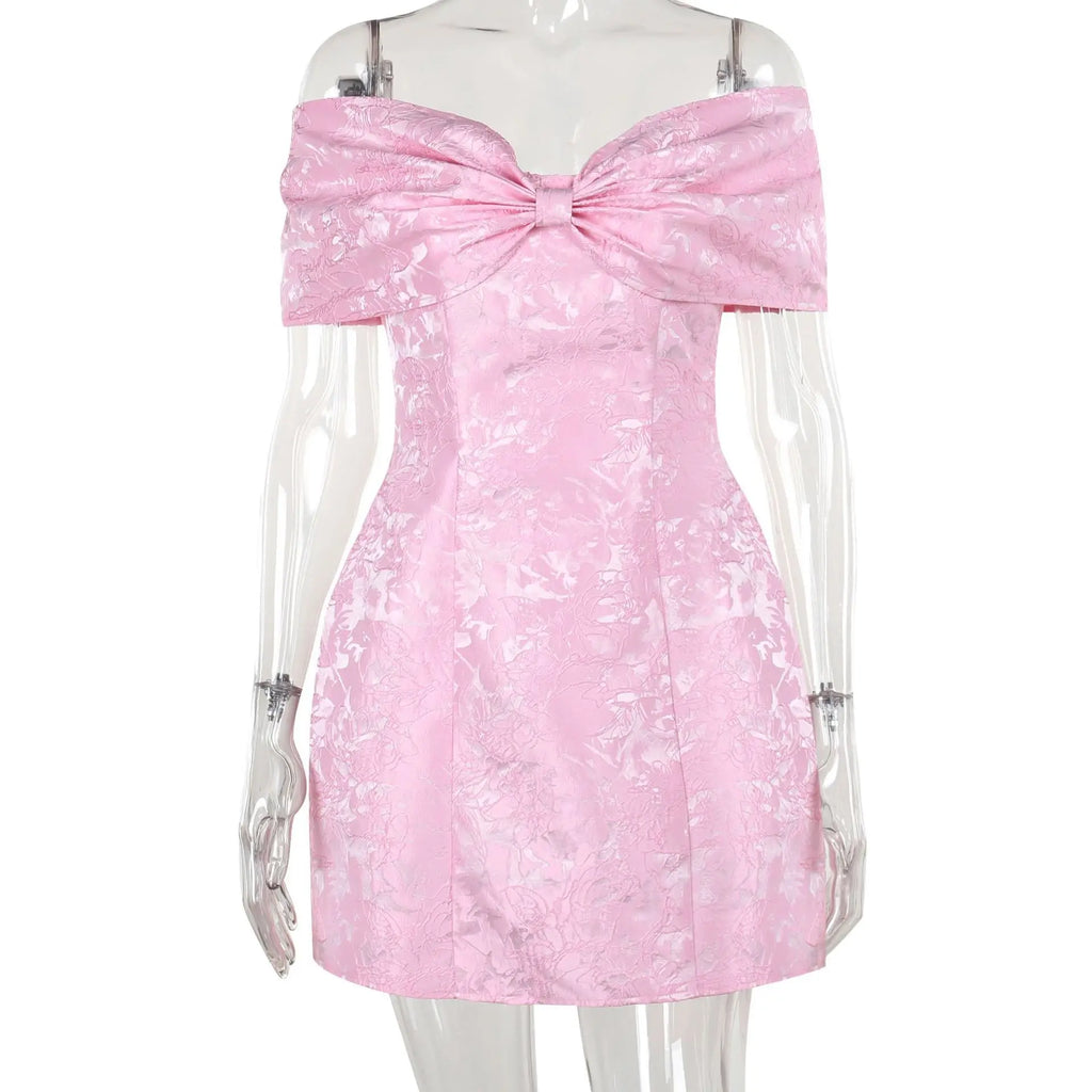 Bow Off Shoulder Backless A-line Jacquard Party Dress