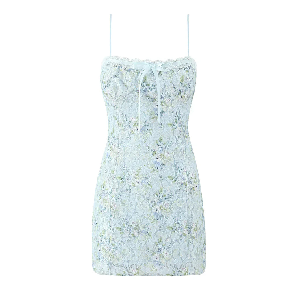 Flower Print Lace Bow Slash Collar Mini Dress