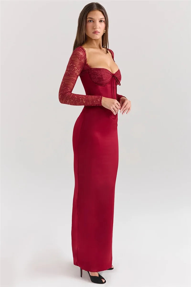 Square Collar Lace-Up Backless Long Sleeve Maxi Dress