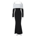Black & White Off-the-Shoulder Maxi Dress with Long Sleeves